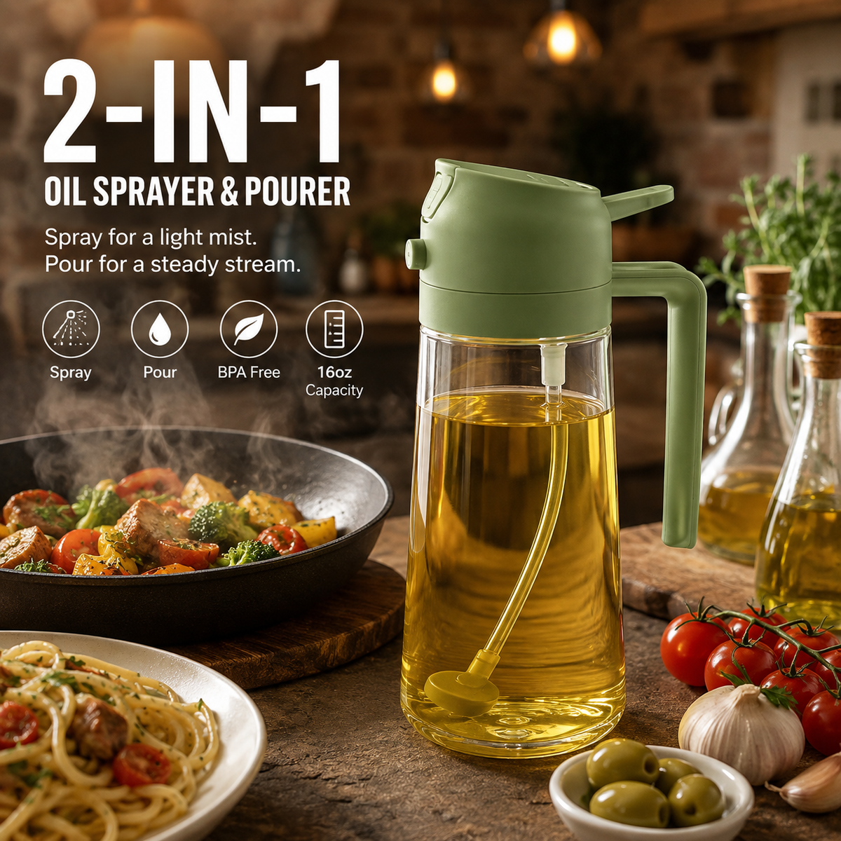 2-in-1 Oil Sprayer & Dispenser – 470ml Spray & Pour Bottle for Cooking, BBQ & Salads