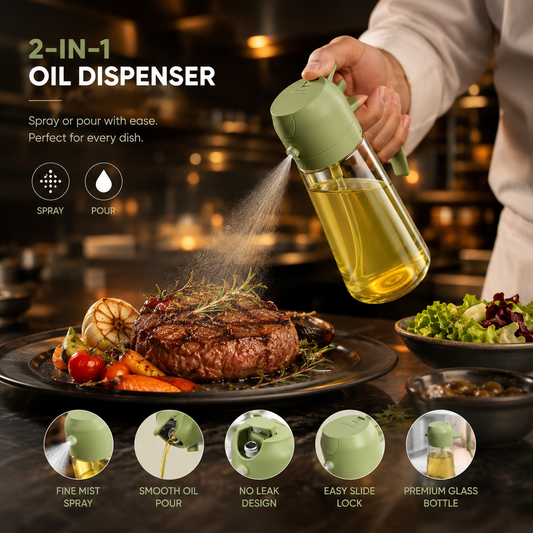 2-in-1 Oil Sprayer & Dispenser – 470ml Spray & Pour Bottle for Cooking, BBQ & Salads