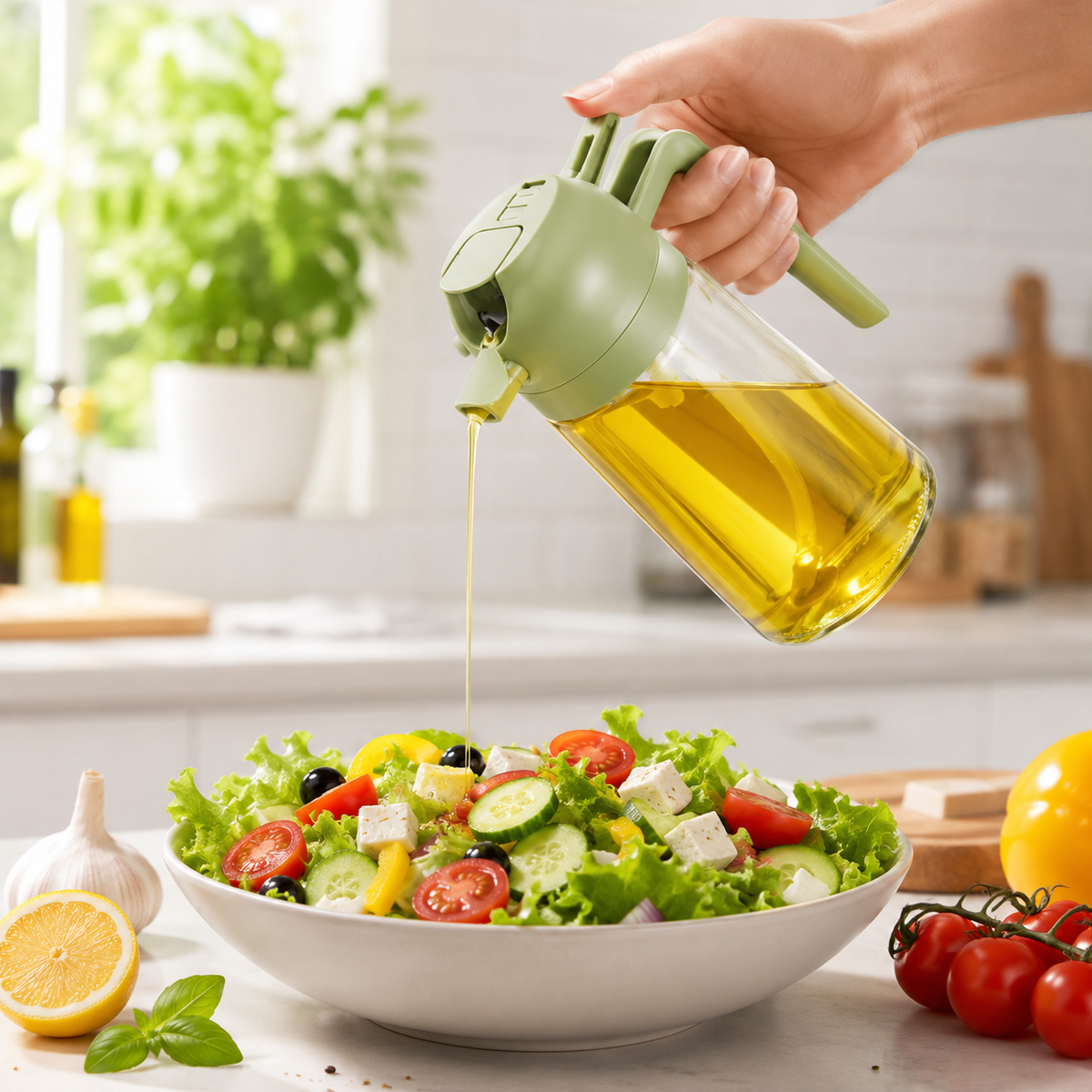 2-in-1 Oil Sprayer & Dispenser – 470ml Spray & Pour Bottle for Cooking, BBQ & Salads