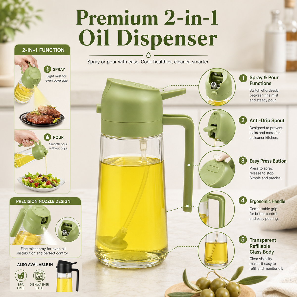 2-in-1 Oil Sprayer & Dispenser – 470ml Spray & Pour Bottle for Cooking, BBQ & Salads