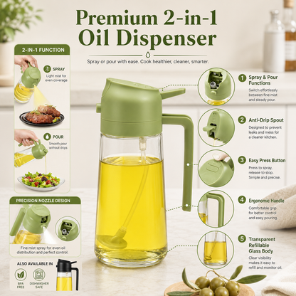 2-in-1 Oil Sprayer & Dispenser – 470ml Spray & Pour Bottle for Cooking, BBQ & Salads