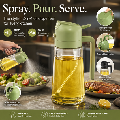2-in-1 Oil Sprayer & Dispenser – 470ml Spray & Pour Bottle for Cooking, BBQ & Salads