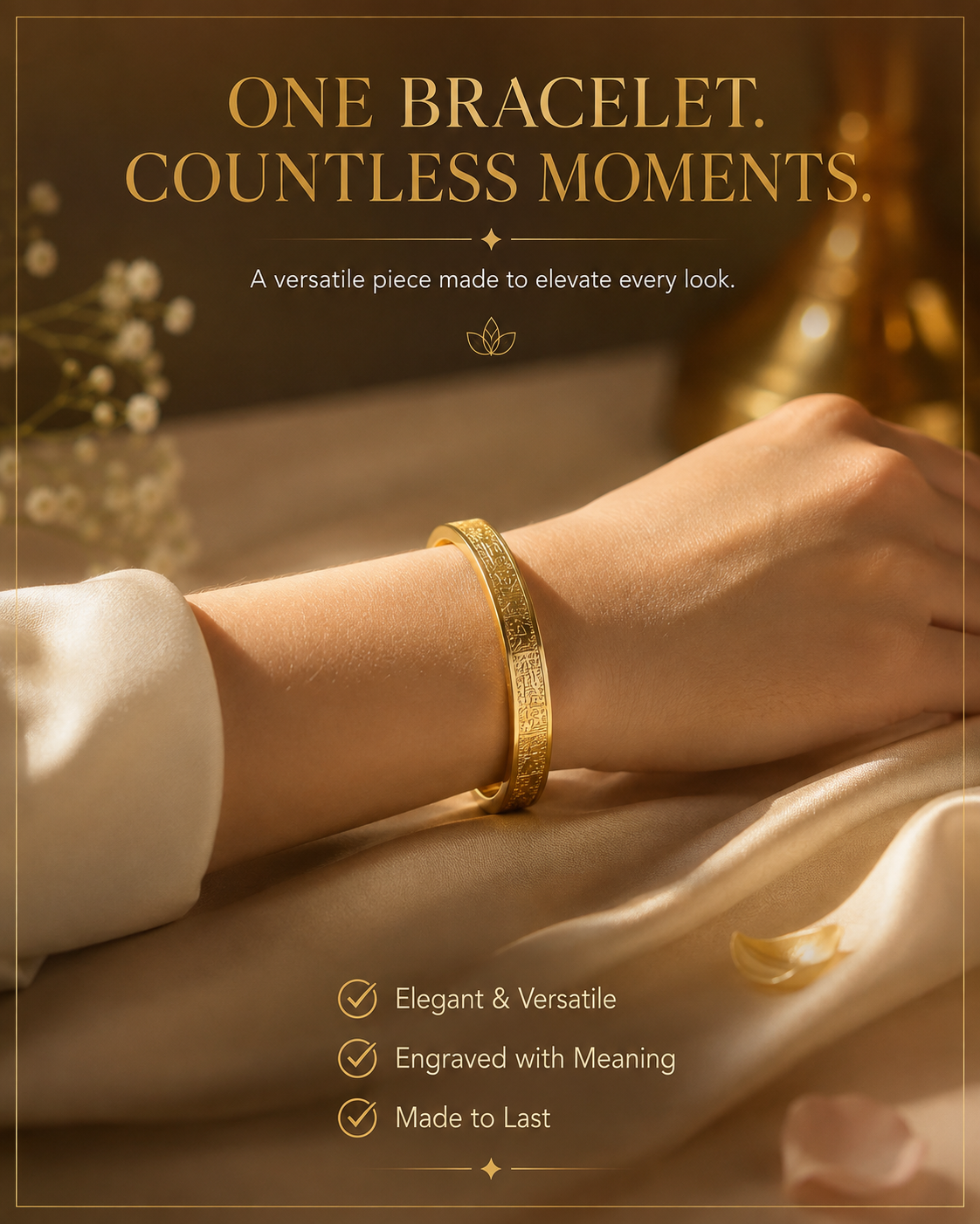Islamic Ayat ul Kursi Bracelet – Gold-Tone Quran Script Bangle for Men & Women