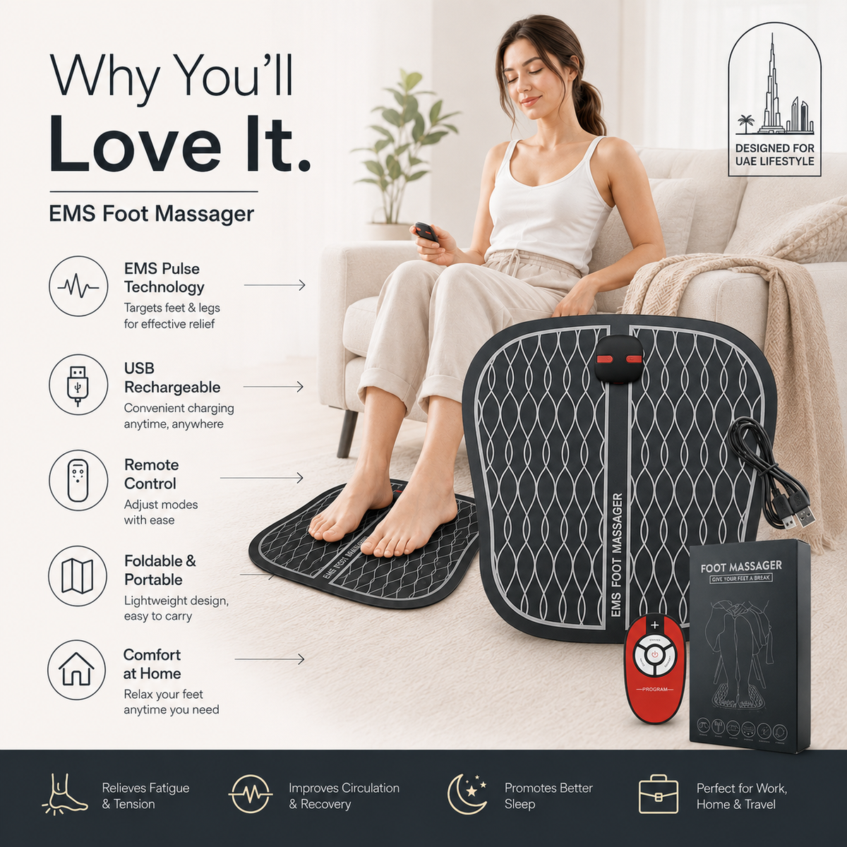 EMS Foot Massager Mat with Pulse Technology & Controller – Portable Foldable Foot Relaxation Pad for Home & Office