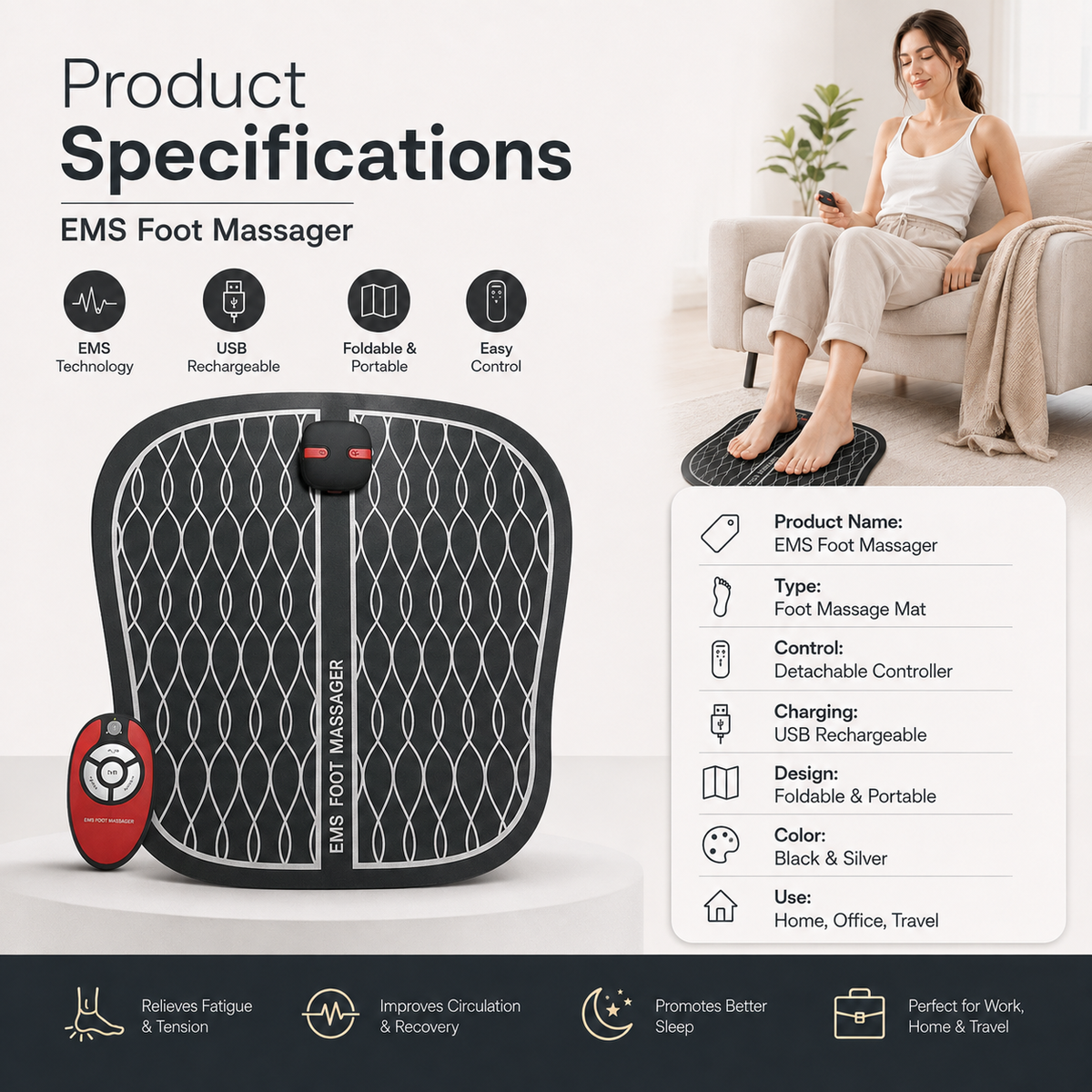 EMS Foot Massager Mat with Pulse Technology & Controller – Portable Foldable Foot Relaxation Pad for Home & Office