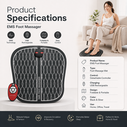 EMS Foot Massager Mat with Pulse Technology & Controller – Portable Foldable Foot Relaxation Pad for Home & Office