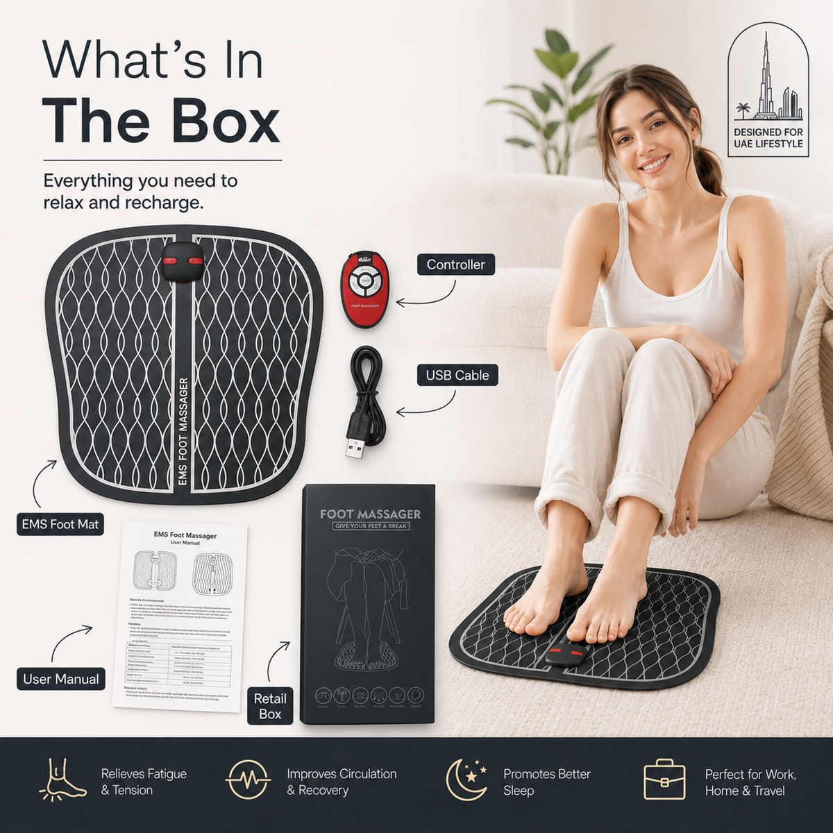 EMS Foot Massager Mat with Pulse Technology & Controller – Portable Foldable Foot Relaxation Pad for Home & Office