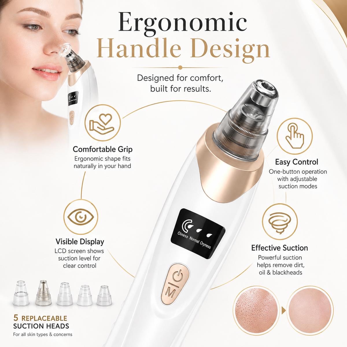 Electric Blackhead Remover Vacuum & Microdermabrasion Facial Cleansing Device – 3 Suction Levels, LED Display & USB Rechargeable