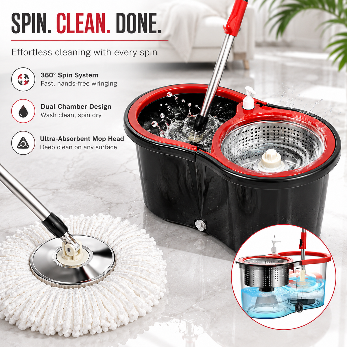 360° Spin Mop with Bucket & Wringer – Dual Chamber Microfiber Floor Cleaning Mop