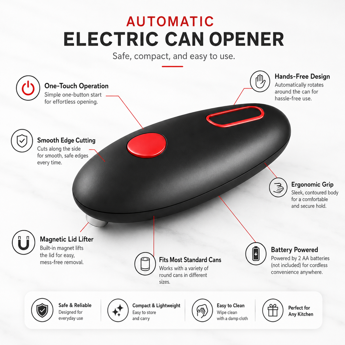 Auto Electric Can Opener, Red | Automatic, Hands Free, Smooth Edge, Food-Safe, Battery Operated