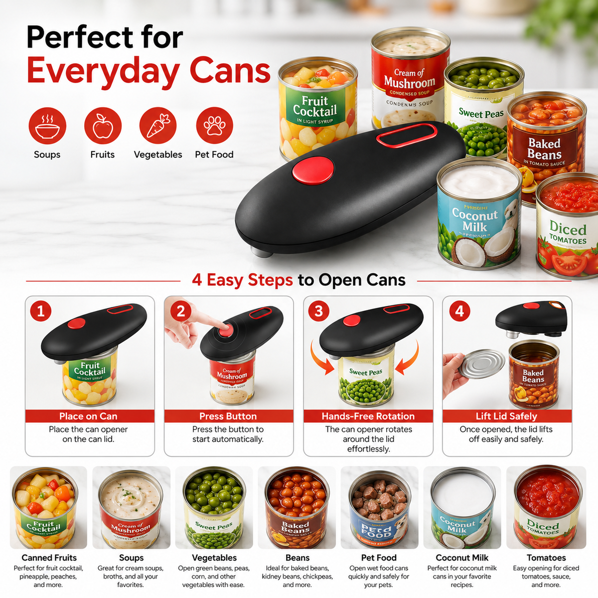 Auto Electric Can Opener, Red | Automatic, Hands Free, Smooth Edge, Food-Safe, Battery Operated