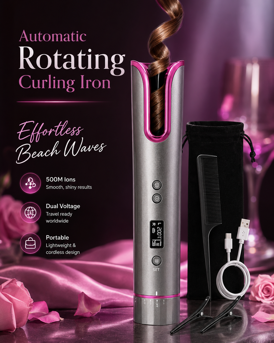 Automatic Rotating Curling Iron, TYMO CURLPRO Beach Waves Hair Curler | 500 Million Ionic Curling Wand, Dual Voltage, Portable Lightweight for Travel