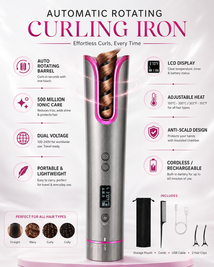 Automatic Rotating Curling Iron, TYMO CURLPRO Beach Waves Hair Curler | 500 Million Ionic Curling Wand, Dual Voltage, Portable Lightweight for Travel