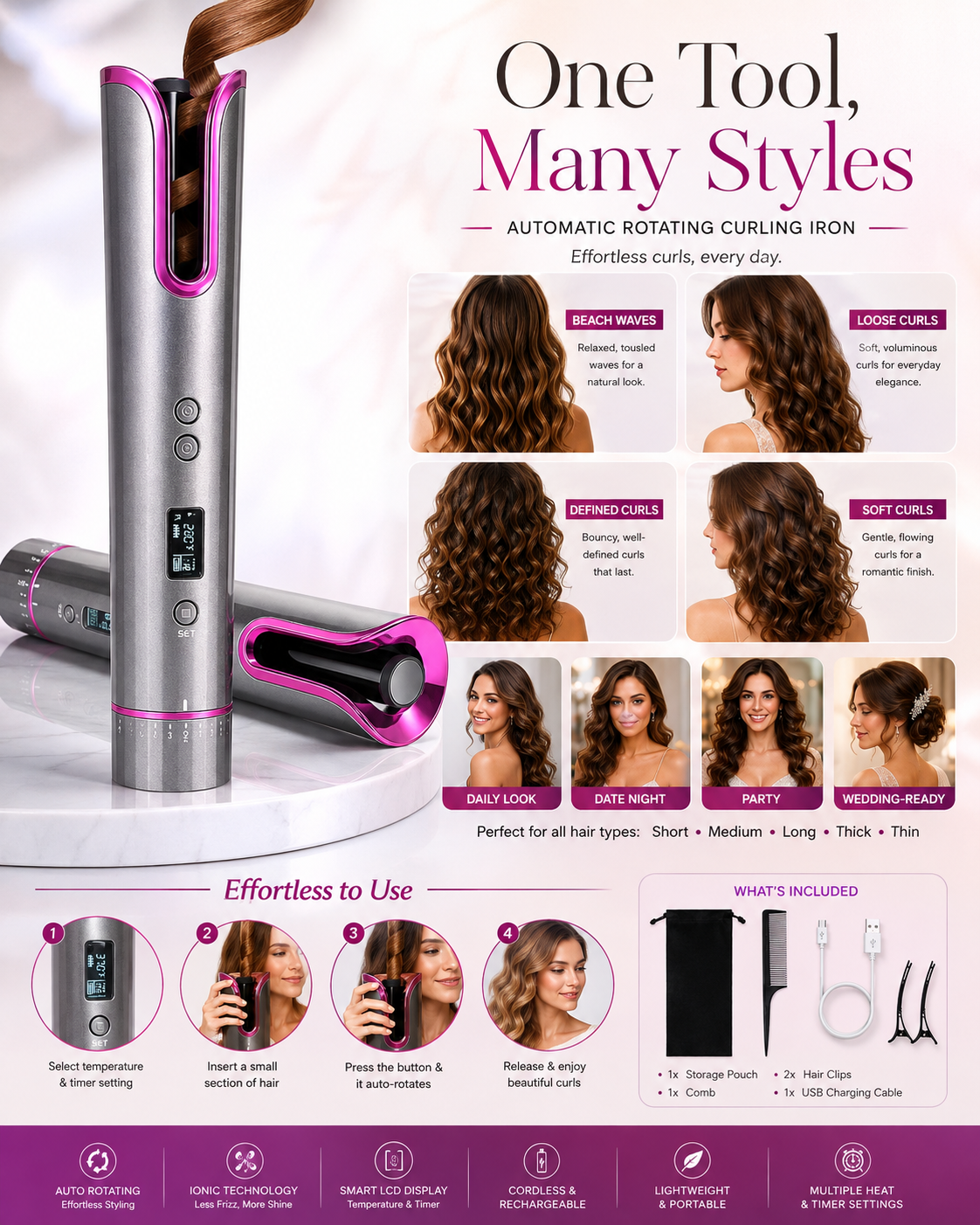 Automatic Rotating Curling Iron, TYMO CURLPRO Beach Waves Hair Curler | 500 Million Ionic Curling Wand, Dual Voltage, Portable Lightweight for Travel