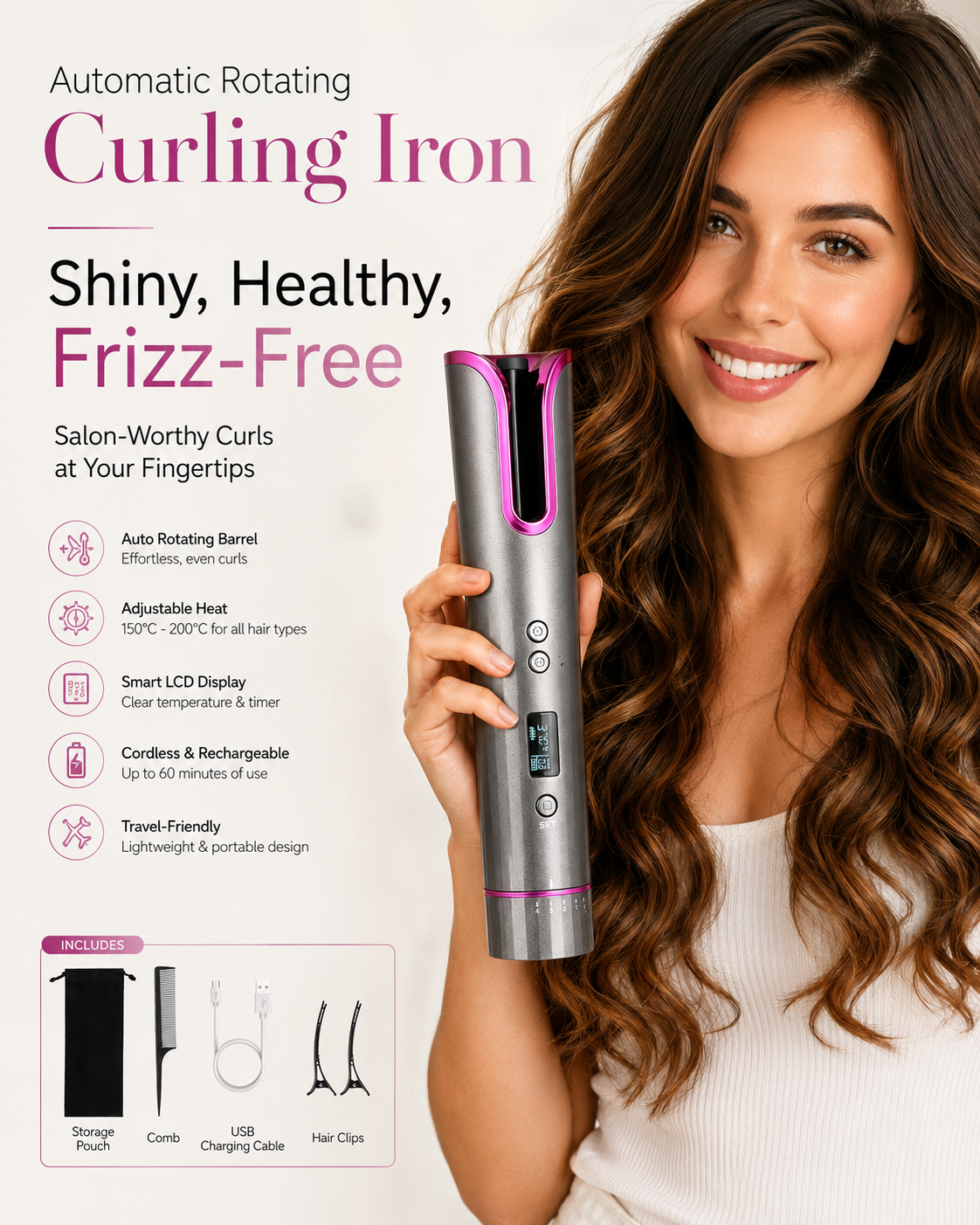 Automatic Rotating Curling Iron, TYMO CURLPRO Beach Waves Hair Curler | 500 Million Ionic Curling Wand, Dual Voltage, Portable Lightweight for Travel