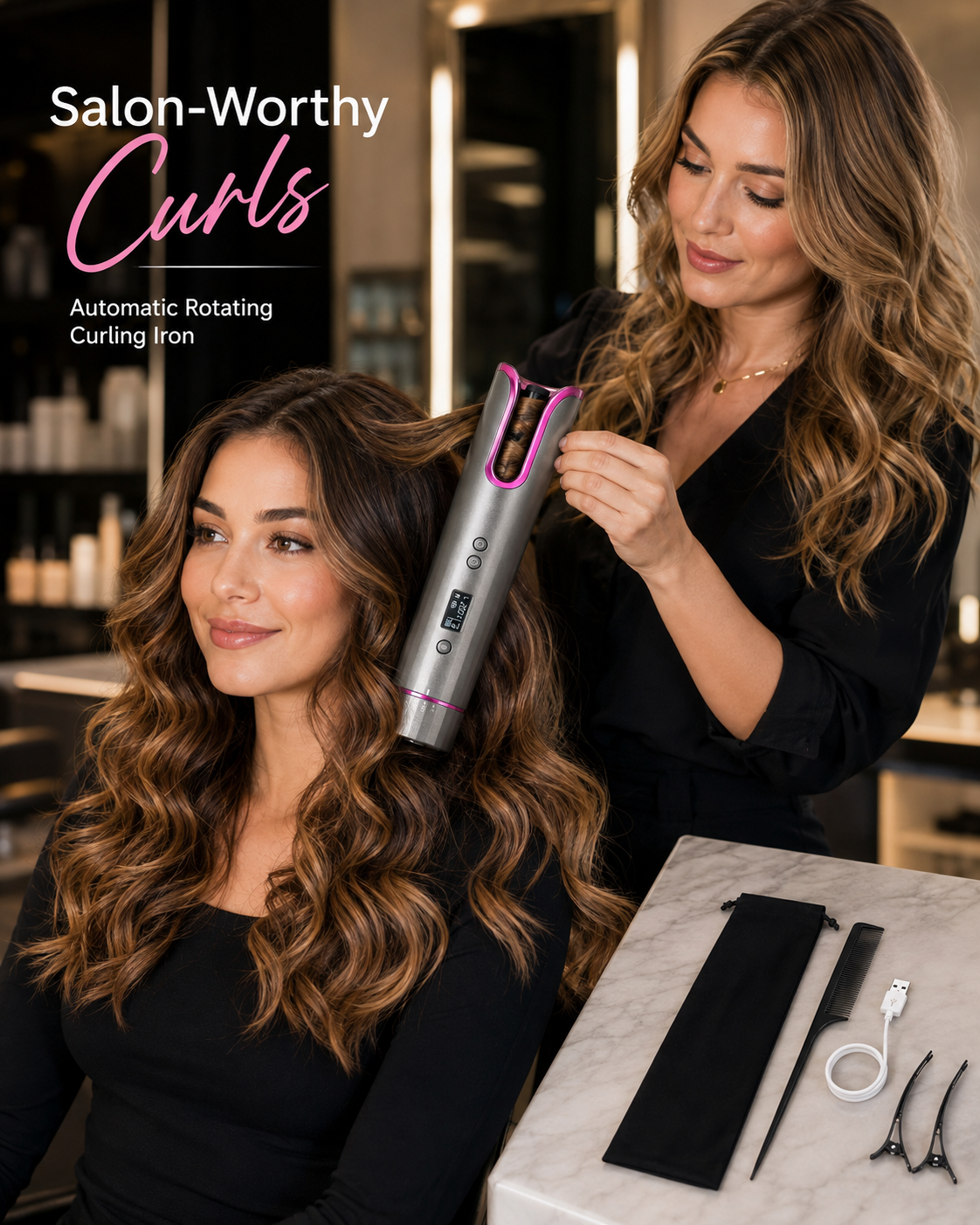 Automatic Rotating Curling Iron, TYMO CURLPRO Beach Waves Hair Curler | 500 Million Ionic Curling Wand, Dual Voltage, Portable Lightweight for Travel