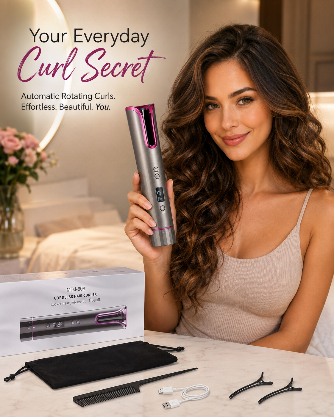 Automatic Rotating Curling Iron, TYMO CURLPRO Beach Waves Hair Curler | 500 Million Ionic Curling Wand, Dual Voltage, Portable Lightweight for Travel