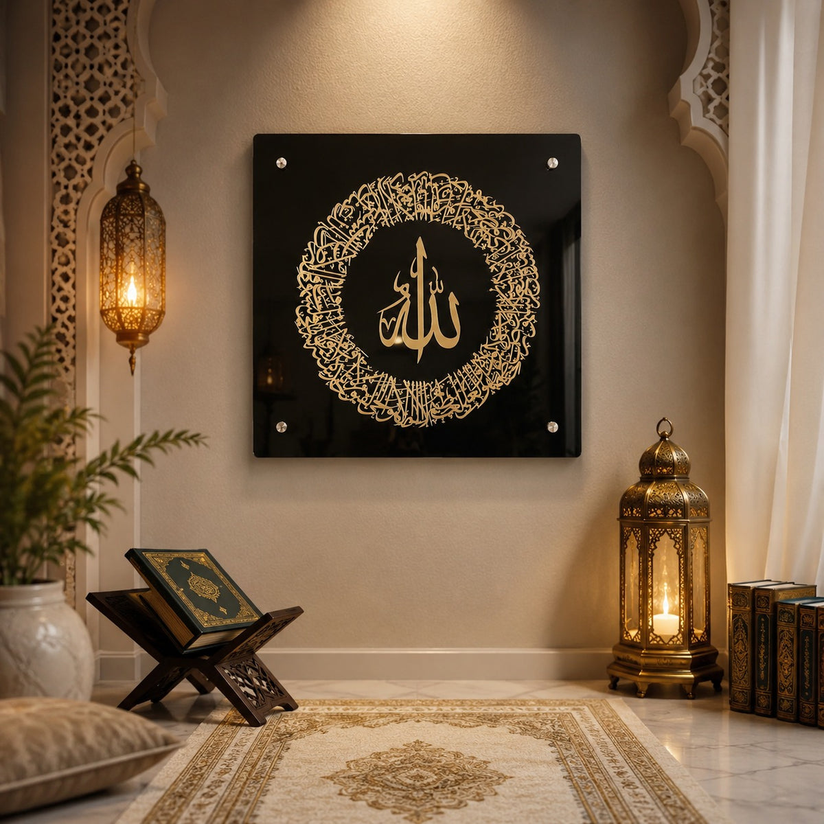 Golden Ayatul Kursi Islamic Wall Art With Black Frame